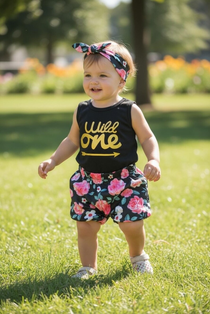 Baby Girl Wild One Floral 3-Piece Outfit Set Black Pink Gold Size (18-24 months)